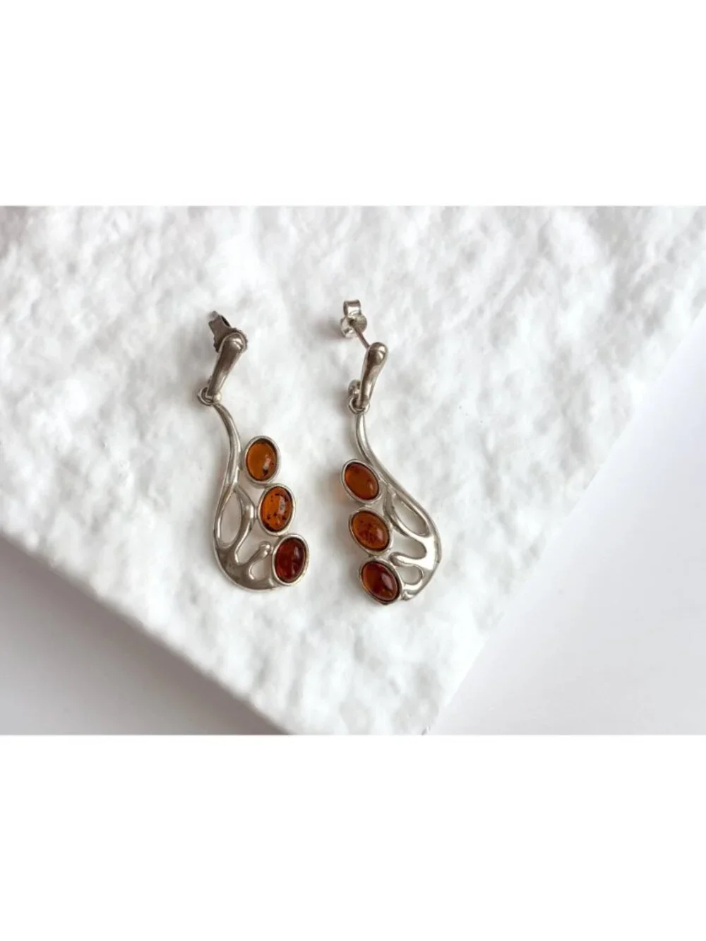 Natural Baltic Amber Accented Modernist Sterling Silver Classic 925 Earrings